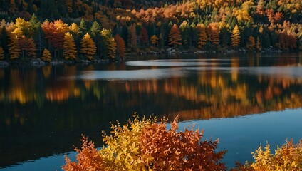 Lake surrounded by fall leaves in warm hues.
