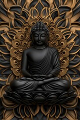 Serene black Buddha statue surrounded by ornate design
