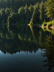 Lake with forest reflection in calm water.