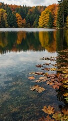 Lakes with autumn leaves in brown, green, and yellow.