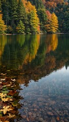 Lakes with autumn leaves in brown, green, and yellow.