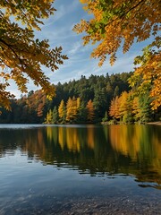 Fototapeta premium Lakeside scene with yellow and green autumn foliage.
