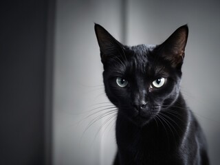Black cat with striking eyes and intense expression in low light.