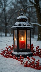Lantern lit in the snow, surrounded by red berries.