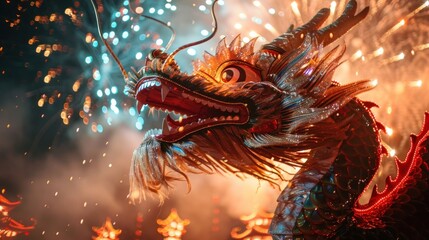 Fiery Chinese dragon head amidst fireworks display.