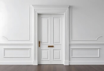 3D render of a classic interior wall decorated in white color with marble floor and door. 3d illustration