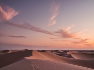 Breathtaking sunset over the undulating sand dunes in a serene desert landscape during twilight hours.