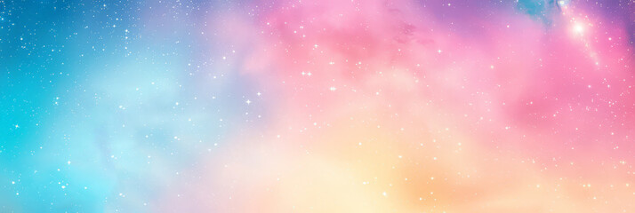 Obraz premium A colorful abstract galaxy with soft pastel hues of pink, blue, and yellow, featuring twinkling stars and a serene cosmic ambiance.