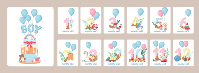 Cute baby boy milestone cards featuring numbers, balloons and baby toys celebrating first 12 months. Tender designs for newborns to capture every special moment Perfect for vector celebration banners.