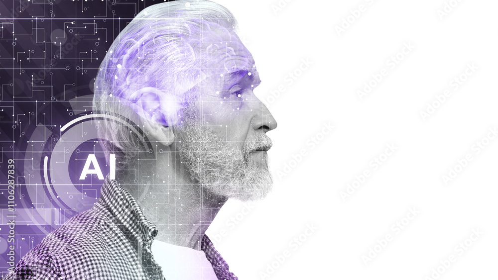 Poster artificial intelligence. double exposure of senior man and brain on white background. banner design 