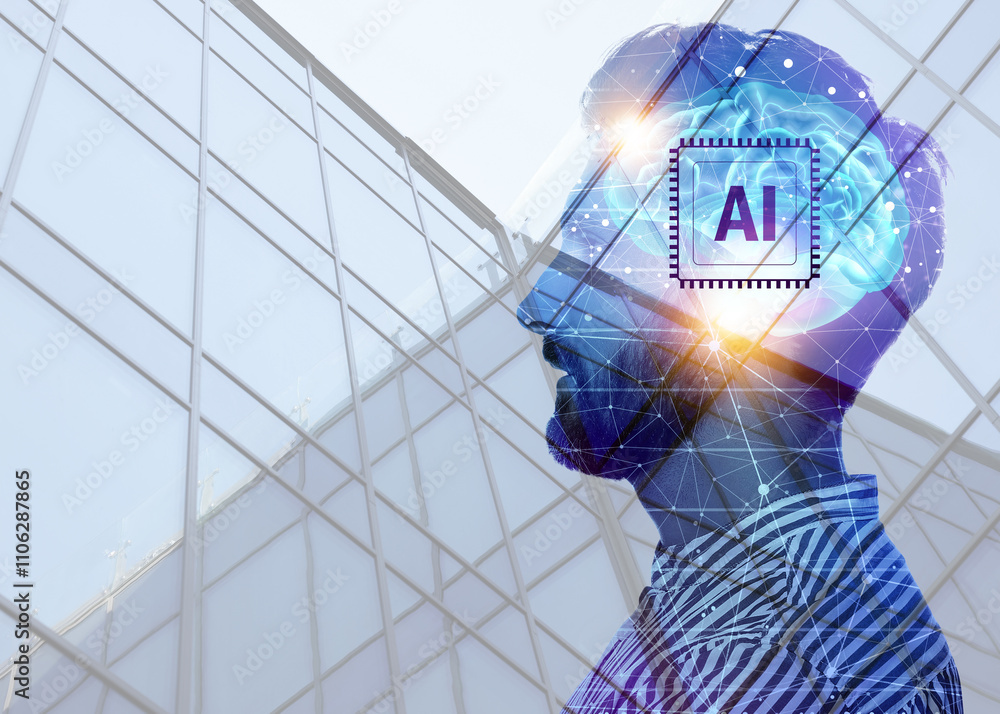 Poster artificial intelligence. multiple exposure of man, brain and building