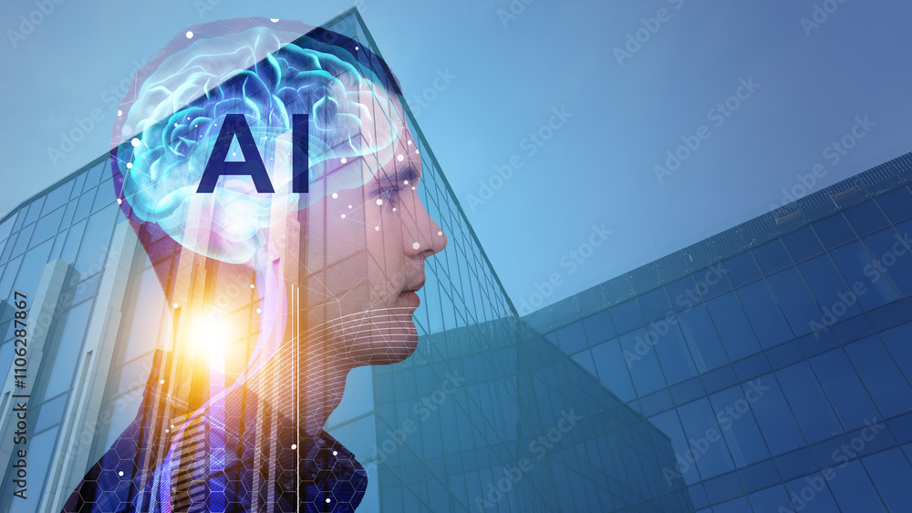 Poster artificial intelligence. multiple exposure of man, brain and building. banner design with space for 
