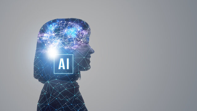 Artificial intelligence. Double exposure of woman and scheme with brain on grey background. Banner design with space for text - Powered by Adobe