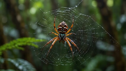 Large colorful spider spinning a web in a rainforest.