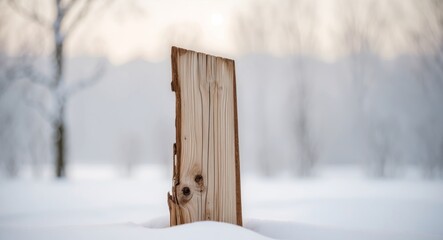 Rustic wooden plank with snow background.