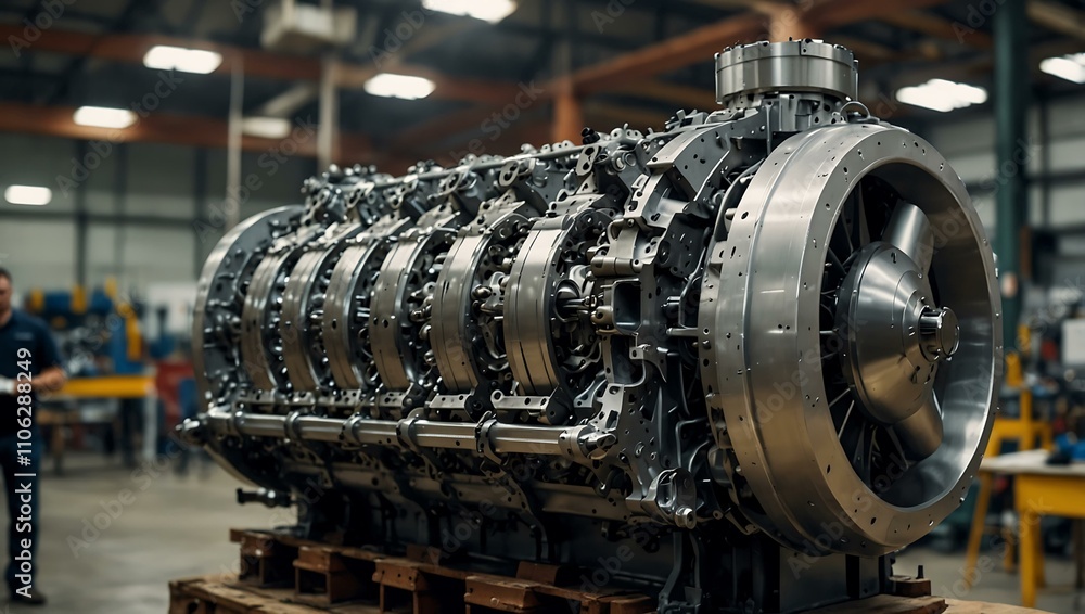 Poster large engine being built in a factory with many parts.