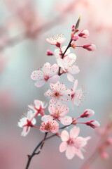 Cherry blossom branch with delicate pink flowers in front of Washington Monument
