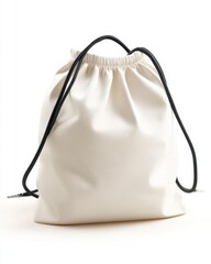 Stylish white drawstring bag with black cord, perfect for casual outings or gym use.
