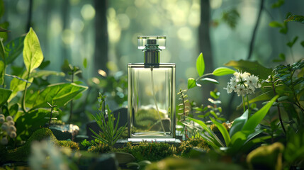 Perfume Bottle in Studio Shot with Herbal Surroundings – Grass, Moss, and Leaf Notes for a Clean, Green Fragrance Aesthetic.