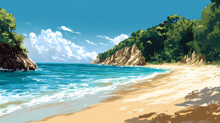 A sandy beach adjacent to the ocean, featuring clear blue water, and verdant trees beyond. Verdant. Illustration