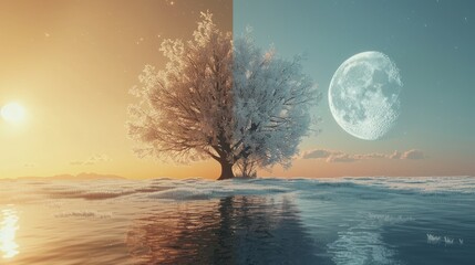 Fototapeta premium Snowy tree in sunrise and moonlight split image.