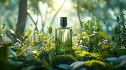 Realistic Perfume Bottle with Botanical Elements – Grass, Leaves, and Moss Highlighting Freshness and Elegance in Soft Light