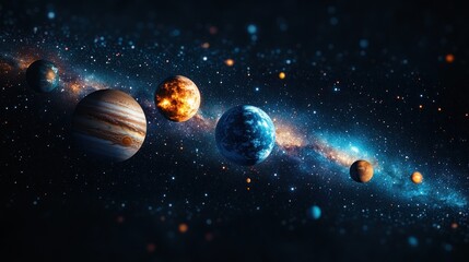 Planets aligned in a vibrant galaxy.