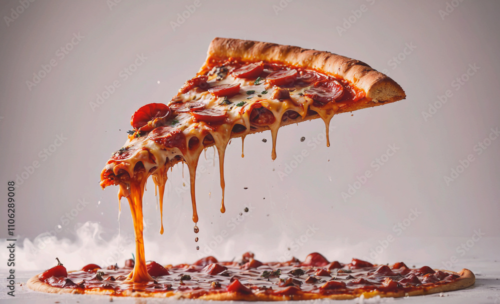 Aufkleber slice of pepperoni pizza with melted cheese dripping from it. the pizza is on a table