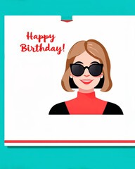 Happy Birthday! Vector cute illustration of woman in sunglasses for women's or girls' day card