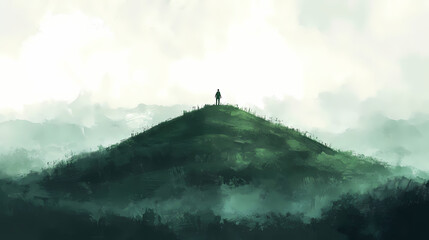 Fototapeta premium A solitary figure stands atop a verdant hill amidst a hazy, misty sky. Verdant. Illustration