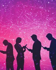 Silhouetted business professionals engaged with digital devices against a vibrant pink and purple background, suggesting connectivity.