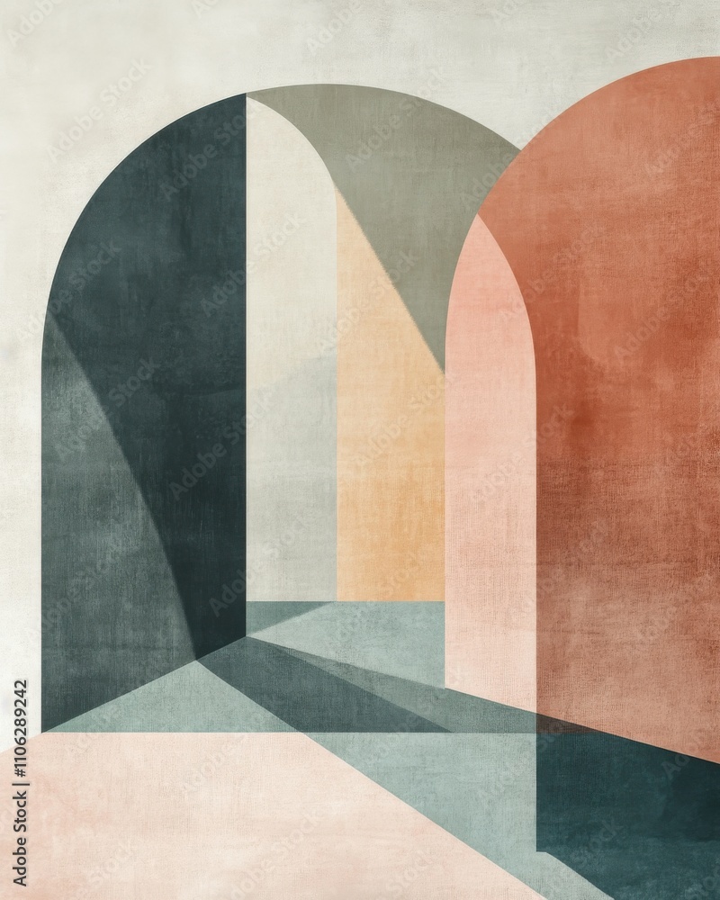 Poster elegant abstract design featuring curved arches and soft pastel colors creating a serene atmosphere.