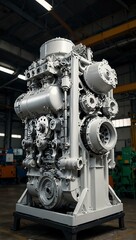 Large white engine in a factory, part of the production process.
