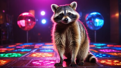 A raccoon enjoys a lively dance party under vibrant disco lights in a lively nightclub