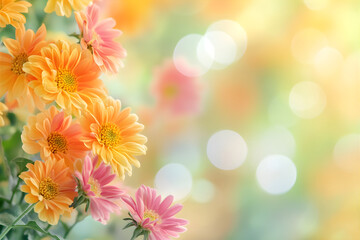 Blank with spring flowers on blurry background template. Background with flowers and copy space.  Good for flyer, banner.