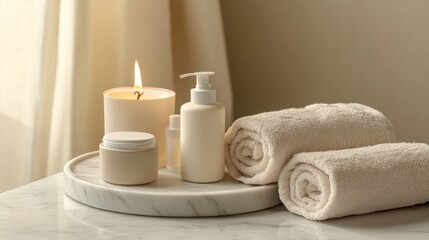 A serene setup featuring neatly stacked soft towels, scented candle, and elegant skincare products on a marble tray creates a calming atmosphere perfect for relaxation.