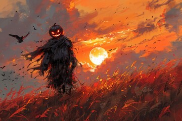 A Sinister Scarecrow in a Cornfield at Twilight with Carved Pumpkin Head