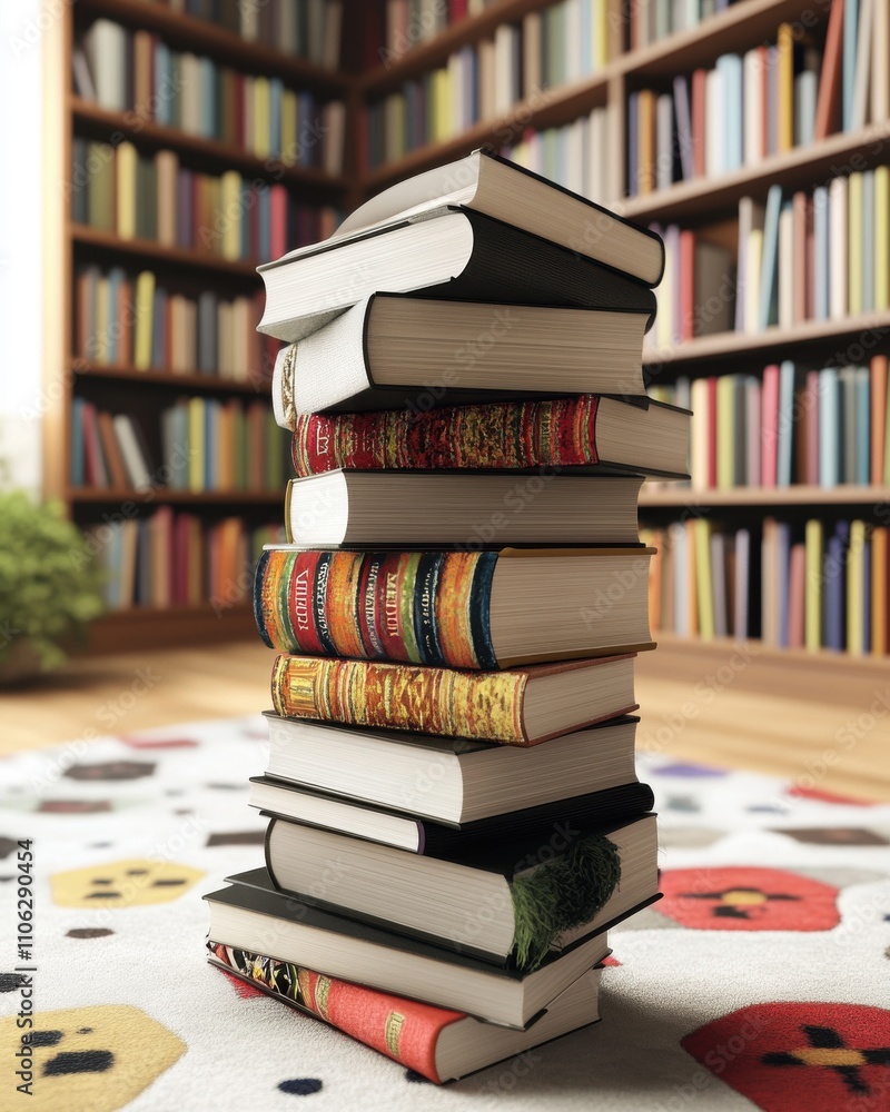 Poster a stack of colorful books resting on a vibrant carpet in a cozy library setting.