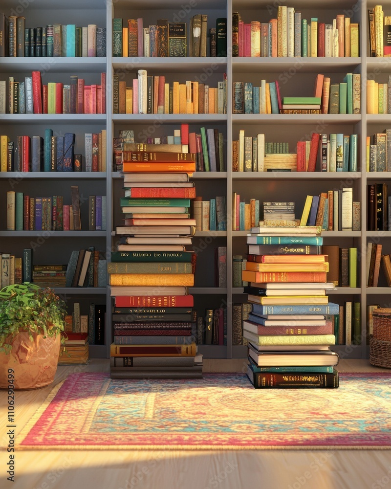 Poster a warm, inviting library scene with stacked books and a colorful bookshelf creating a cozy reading a