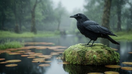 Raven perched on mossy rock in rainy forest.