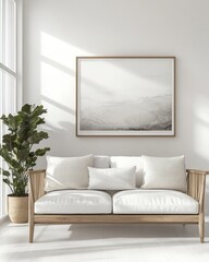 A bright, minimalist living room featuring a light wooden sofa with beige cushions and a decorative plant in a pot.