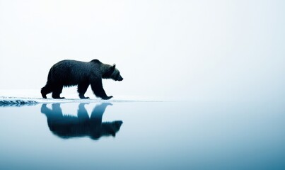 A solitary bear walks along a calm, reflective surface, surrounded by a misty environment, creating a serene and tranquil atmosphere.