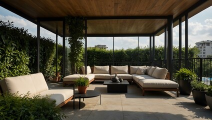 Obraz premium Lavish apartment with a contemporary gazebo and greenery.