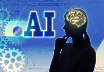 Artificial intelligence. Woman with illustration of glowing brain, AI abbreviation and cogwheels on...