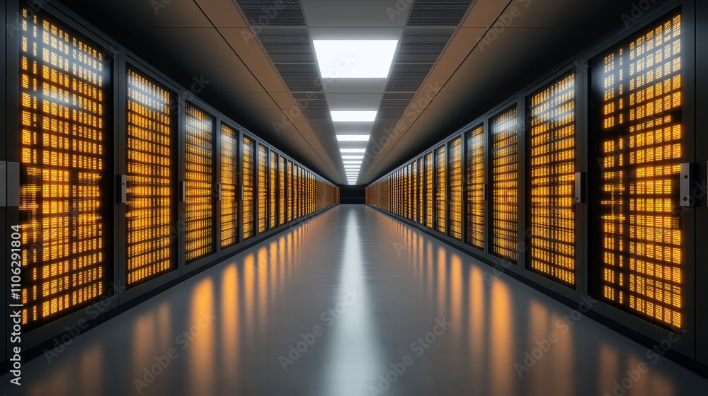 Poster a futuristic server room with glowing orange lights and endless rows of data servers, symbolizing ad