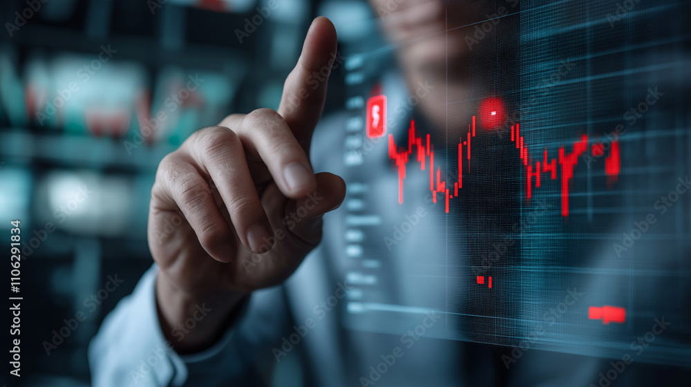 Poster a close-up of a hand interacting with a transparent financial data screen displaying real-time red g