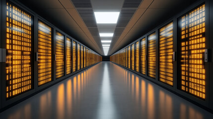 A futuristic server room with glowing orange lights and endless rows of data servers, symbolizing advanced technology, big data, and digital innovation.
