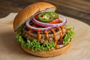 Delicious gourmet burger with beef patty, lettuce, tomato, jalapeños, and onions on a wooden board.