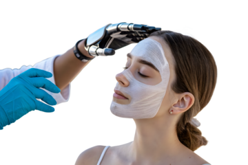 Woman with prosthetic artificial hand doing facial treatment on young female with face mask, transparent background