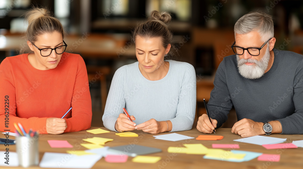 Poster a focused team collaborating in a modern creative workspace, brainstorming ideas with colorful stick